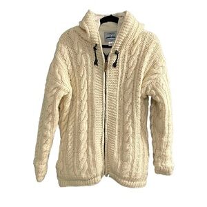ARK IMPORTS Nepal Cable Knit Wool Zip Front Fleece Lined Cardigan Jacket Cream M
